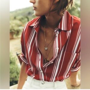Madewell bottom up shirt in cotton 100% poplin cherry red & white oversized 
XXS